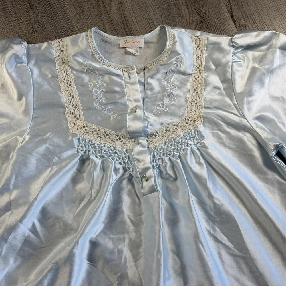 Vintage Barbizon‎ Satin Nightgown Womens Large Blue Lace Crochet Embroidered